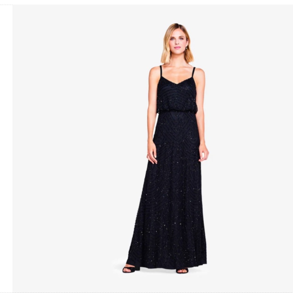 Adrianna Papell Black Beaded Spaghetti Strap Evening Gown